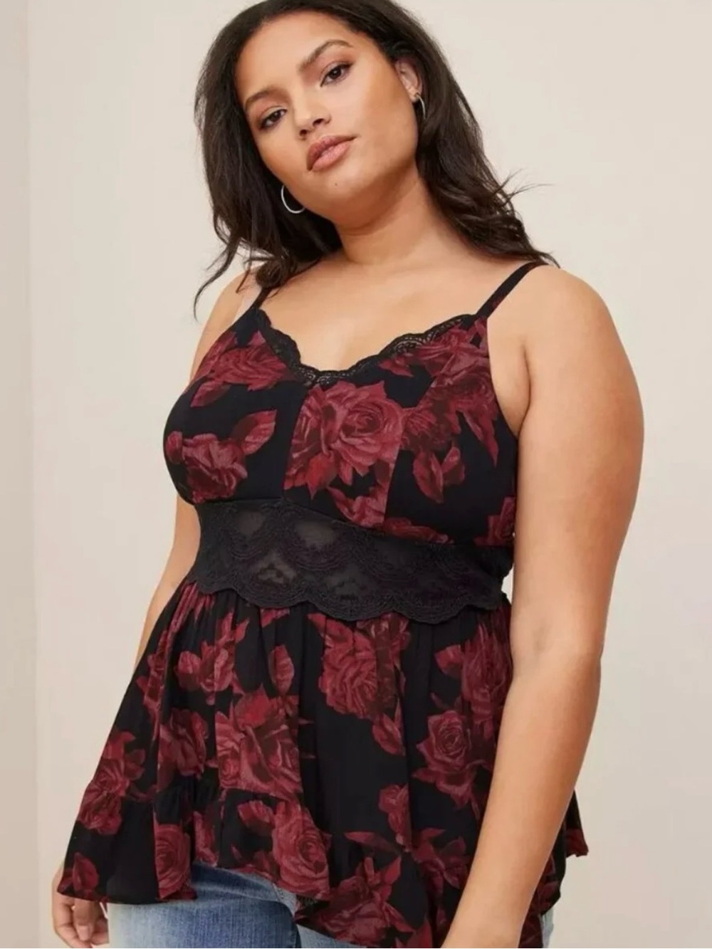 Torrid Floral Babydoll Gauze Lace Trim Inset Cami Top Size 2X Black & Burgundy